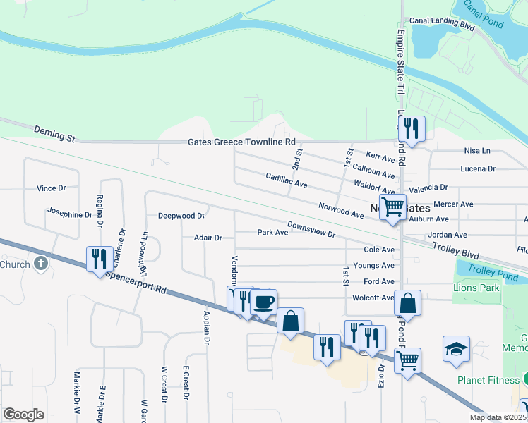 map of restaurants, bars, coffee shops, grocery stores, and more near 301 Downsview Drive in Rochester