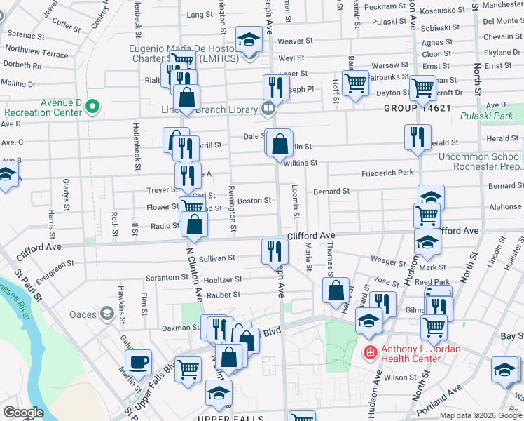 map of restaurants, bars, coffee shops, grocery stores, and more near 22 Dejonge Street in Rochester