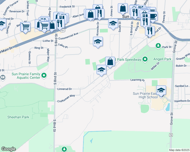 map of restaurants, bars, coffee shops, grocery stores, and more near 430 Linnerud Drive in Sun Prairie