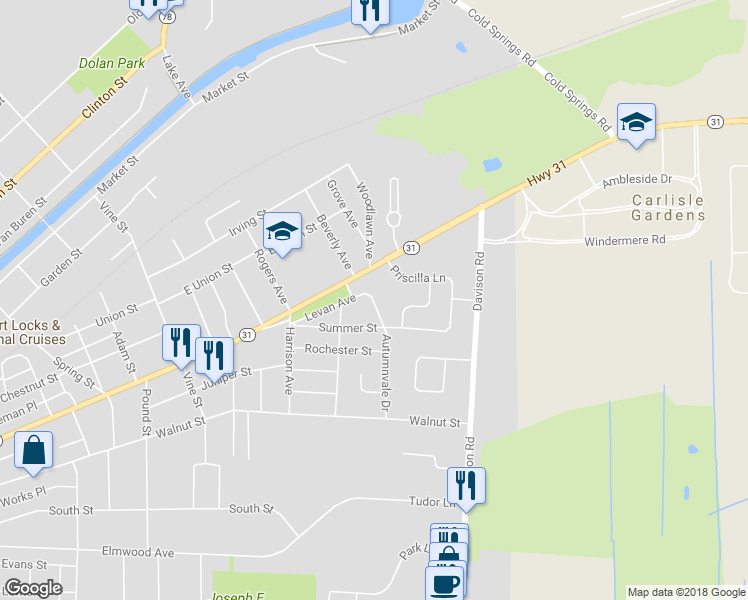 map of restaurants, bars, coffee shops, grocery stores, and more near 42 Alexander Street in Lockport