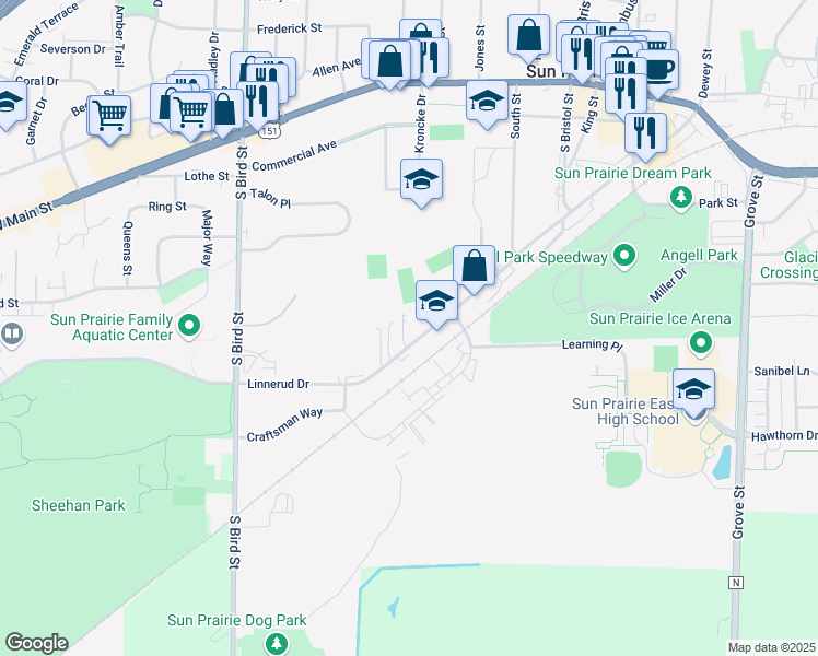 map of restaurants, bars, coffee shops, grocery stores, and more near 430 Linnerud Drive in Sun Prairie