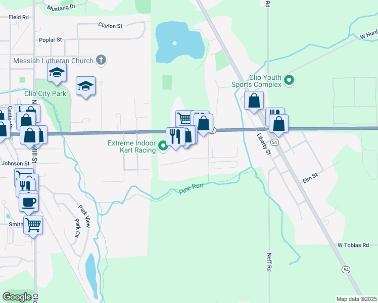 map of restaurants, bars, coffee shops, grocery stores, and more near 2181 West Vienna Road in Clio