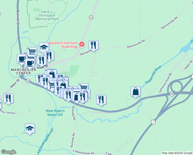 map of restaurants, bars, coffee shops, grocery stores, and more near 236 Highland Avenue in Bennington County