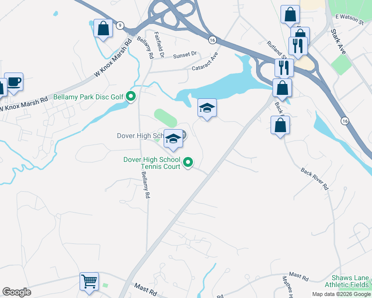 map of restaurants, bars, coffee shops, grocery stores, and more near 25 Alumni Drive in Dover