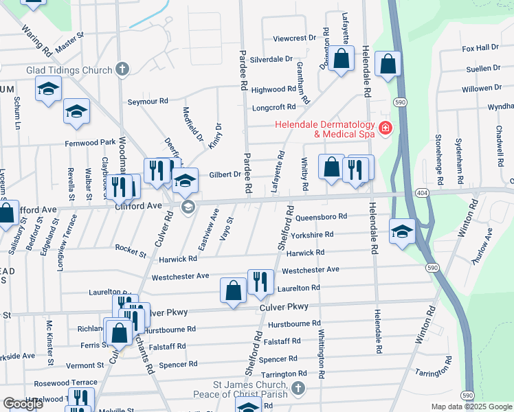 map of restaurants, bars, coffee shops, grocery stores, and more near 94 Garden Drive in Irondequoit