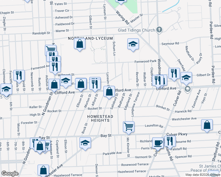 map of restaurants, bars, coffee shops, grocery stores, and more near 1991 Clifford Avenue in Rochester