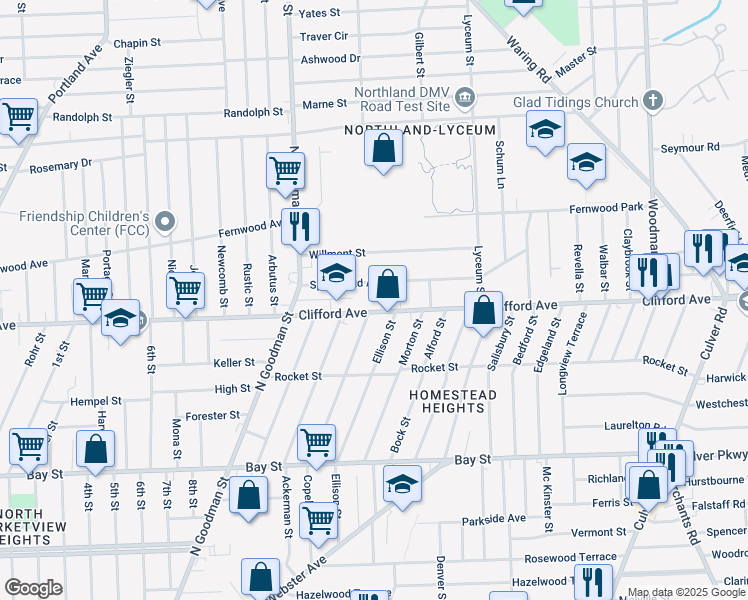 map of restaurants, bars, coffee shops, grocery stores, and more near 1844 Clifford Avenue in Rochester