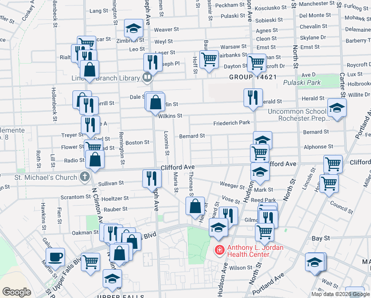 map of restaurants, bars, coffee shops, grocery stores, and more near 56 Maria Street in Rochester