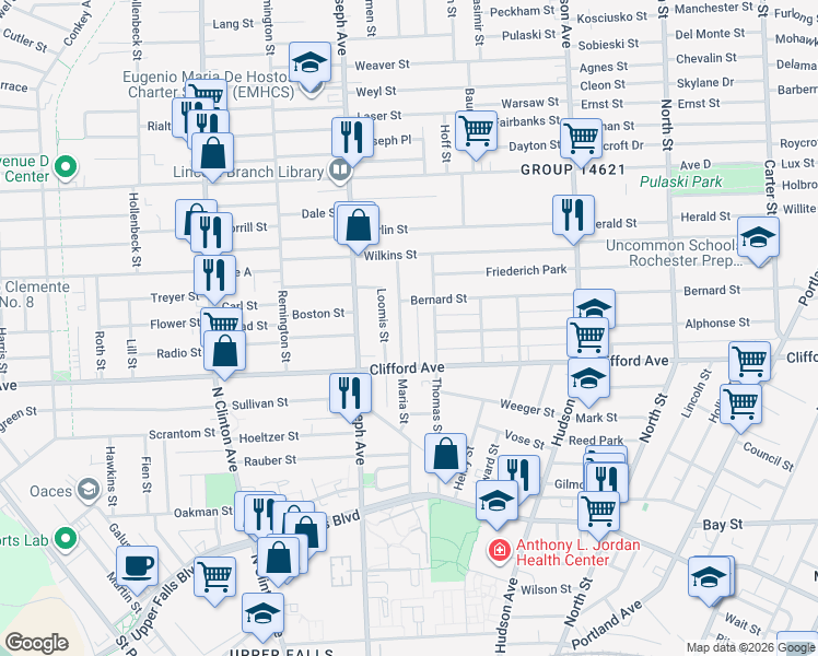 map of restaurants, bars, coffee shops, grocery stores, and more near 56 Maria Street in Rochester