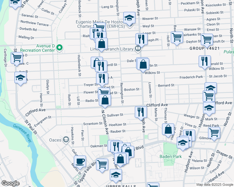 map of restaurants, bars, coffee shops, grocery stores, and more near 22 Laforce Street in Rochester
