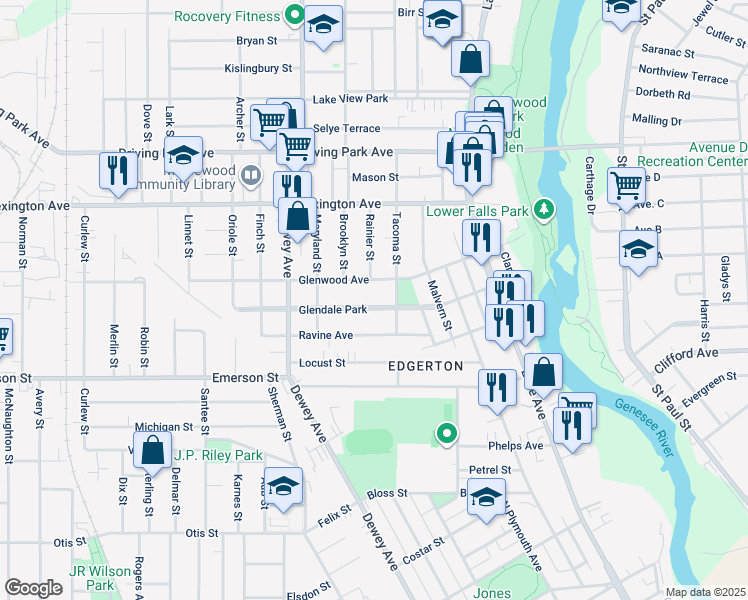 map of restaurants, bars, coffee shops, grocery stores, and more near 77 Glendale Park in Rochester