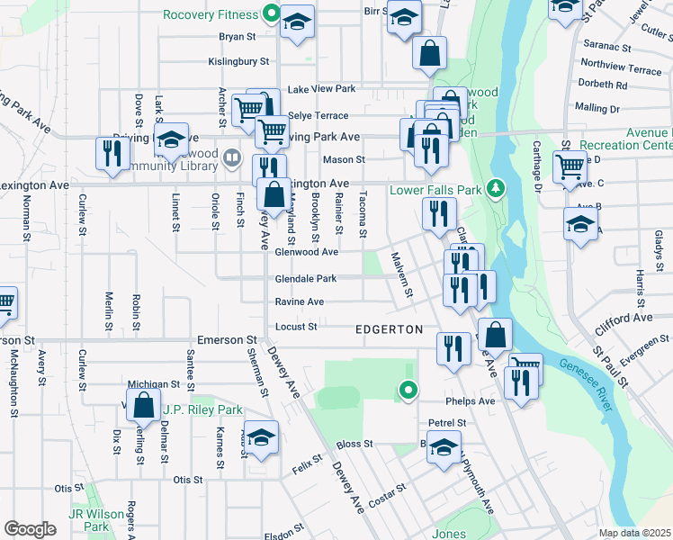 map of restaurants, bars, coffee shops, grocery stores, and more near 77 Glendale Park in Rochester