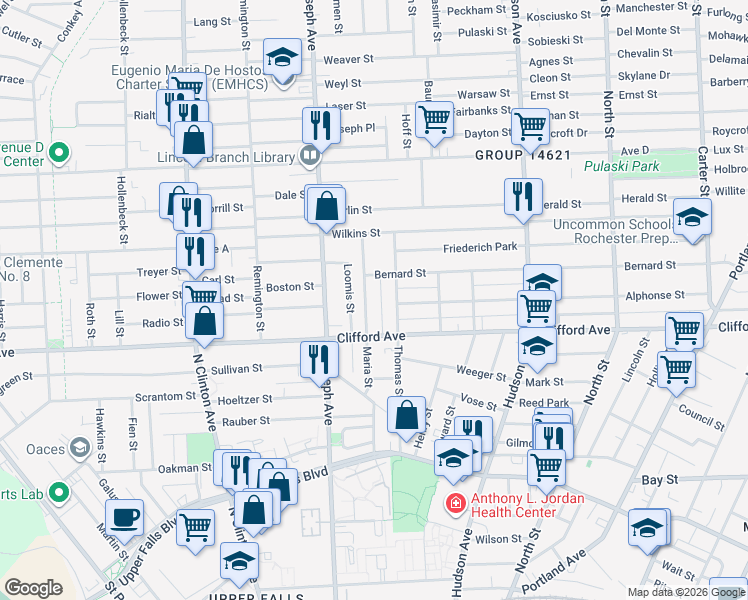 map of restaurants, bars, coffee shops, grocery stores, and more near 56 Maria Street in Rochester