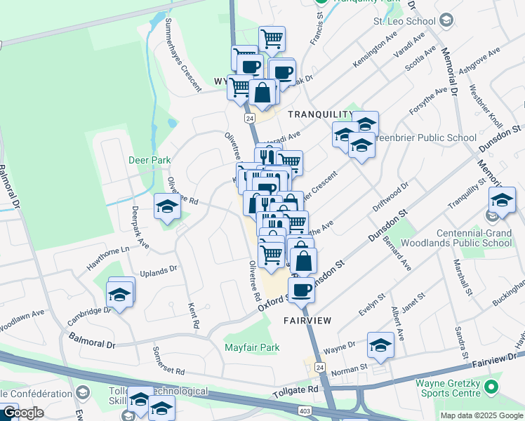 map of restaurants, bars, coffee shops, grocery stores, and more near 265 King George Road in Brantford
