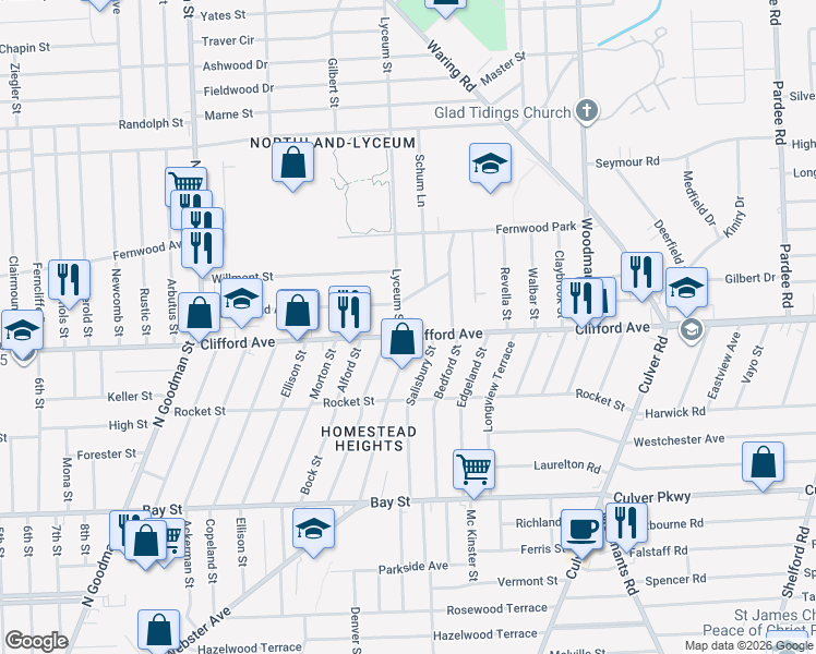 map of restaurants, bars, coffee shops, grocery stores, and more near 1991 Clifford Avenue in Rochester