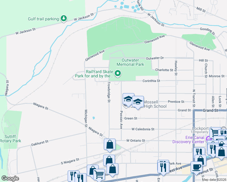 map of restaurants, bars, coffee shops, grocery stores, and more near 27 Court Street in Lockport