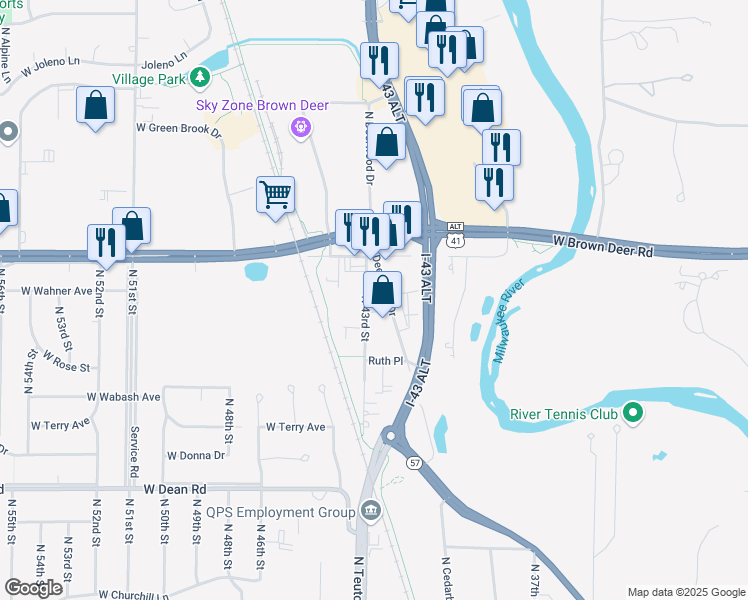 map of restaurants, bars, coffee shops, grocery stores, and more near 8718 North 43rd Street in Brown Deer