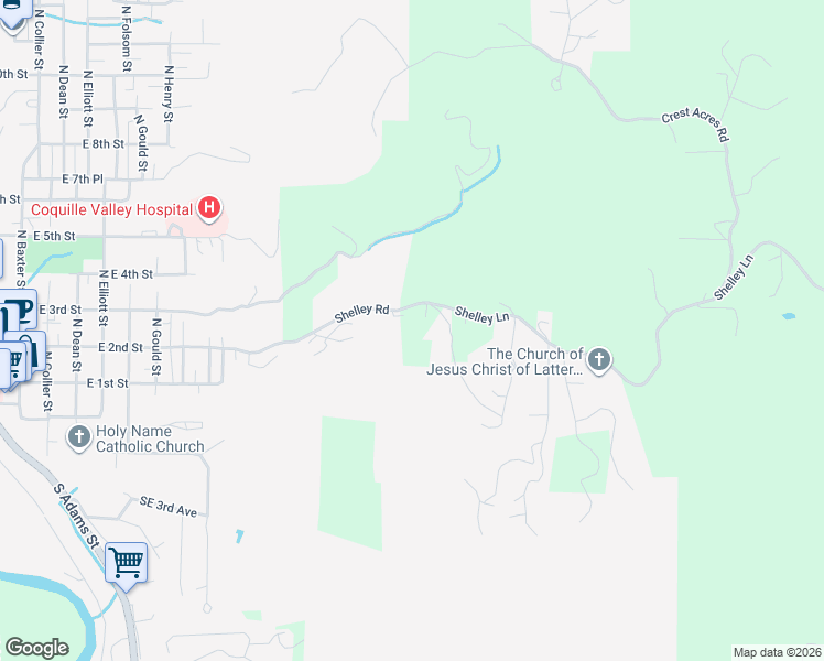 map of restaurants, bars, coffee shops, grocery stores, and more near 1643 Shelley Road in Coquille