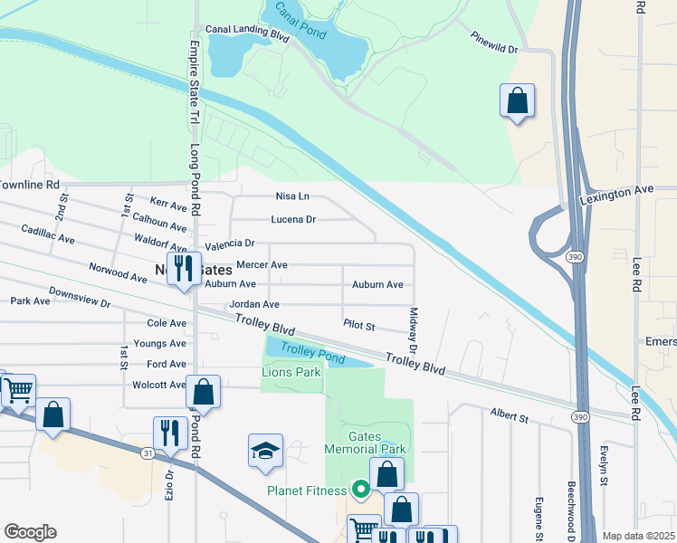 map of restaurants, bars, coffee shops, grocery stores, and more near 125 Mercer Avenue in Rochester