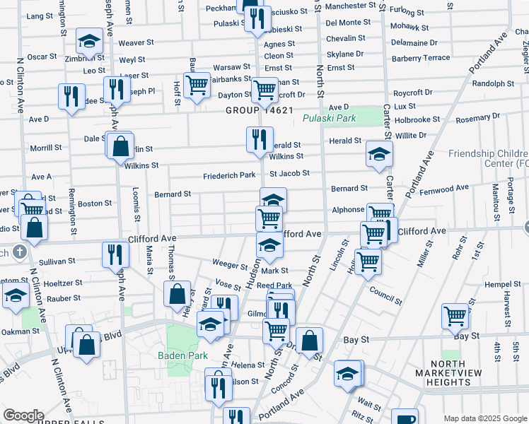 map of restaurants, bars, coffee shops, grocery stores, and more near Hudson Ave & Alphonse St in Rochester