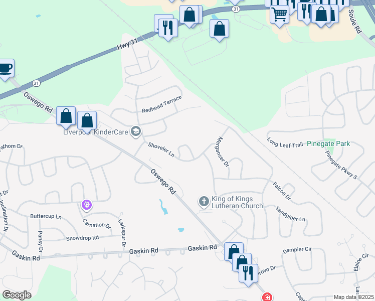 map of restaurants, bars, coffee shops, grocery stores, and more near 8381 Shoveler Lane in Liverpool