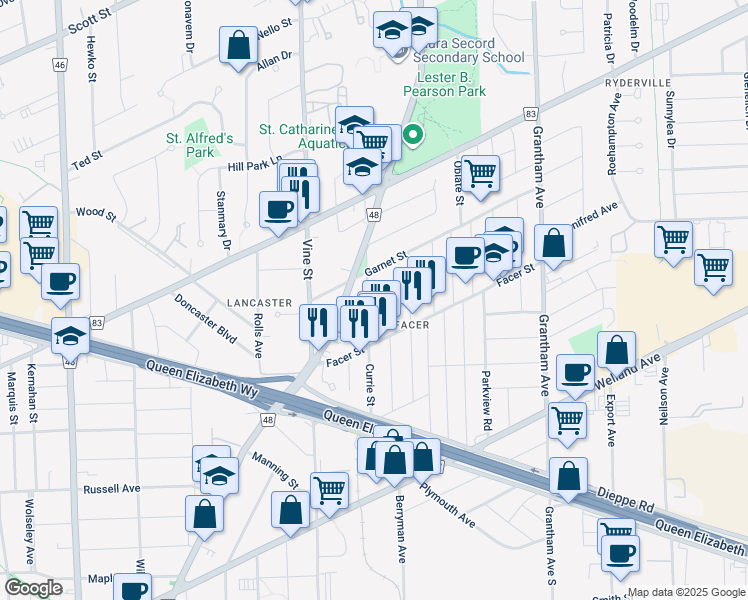 map of restaurants, bars, coffee shops, grocery stores, and more near 66 Currie Street in St. Catharines