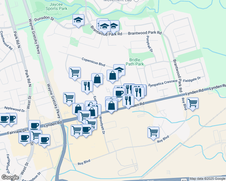 map of restaurants, bars, coffee shops, grocery stores, and more near 35 Dalkeith Drive in Brantford