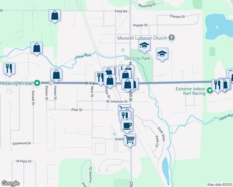 map of restaurants, bars, coffee shops, grocery stores, and more near 204 South Railway Street in Clio