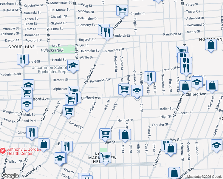 map of restaurants, bars, coffee shops, grocery stores, and more near 9 Renwood Street in Rochester