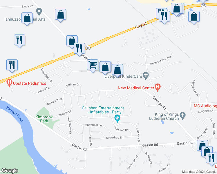 map of restaurants, bars, coffee shops, grocery stores, and more near 8370 Theodolite Drive in Baldwinsville