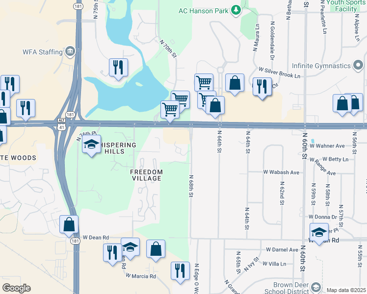map of restaurants, bars, coffee shops, grocery stores, and more near 8680 North 68th Street in Brown Deer