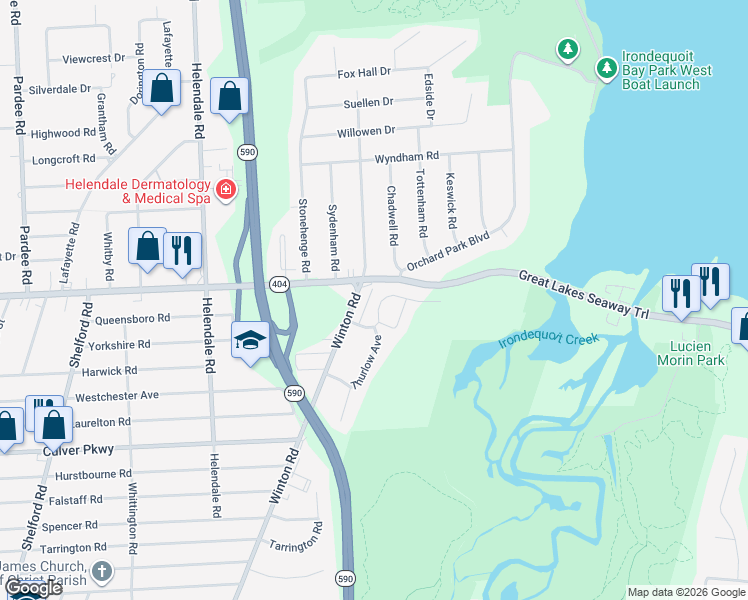 map of restaurants, bars, coffee shops, grocery stores, and more near 175 Thurlow Avenue in Rochester
