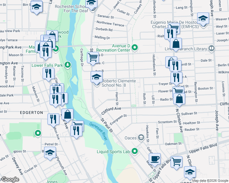map of restaurants, bars, coffee shops, grocery stores, and more near 15 Harris Street in Rochester