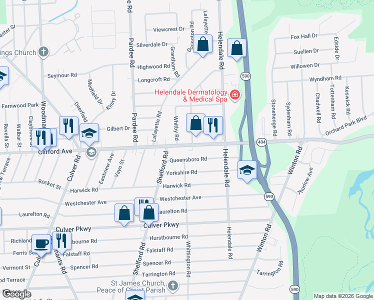 map of restaurants, bars, coffee shops, grocery stores, and more near 60 Queensboro Road in Rochester