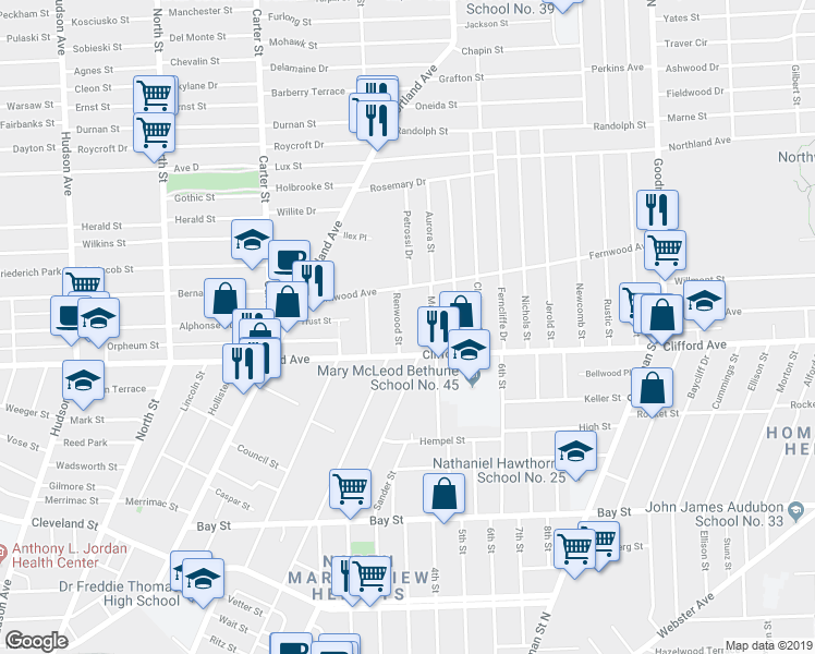 map of restaurants, bars, coffee shops, grocery stores, and more near 2 Renwood Street in Rochester