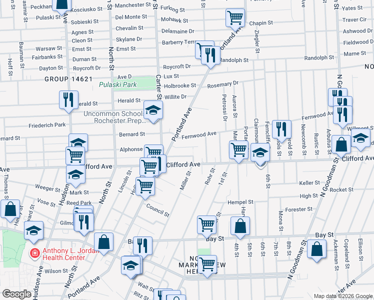 map of restaurants, bars, coffee shops, grocery stores, and more near in Rochester