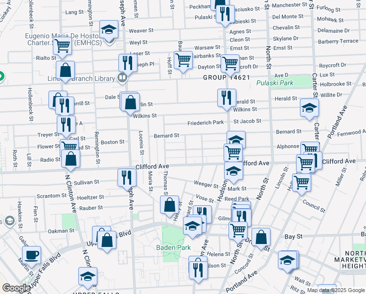 map of restaurants, bars, coffee shops, grocery stores, and more near 73 Alphonse Street in Rochester