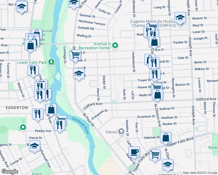 map of restaurants, bars, coffee shops, grocery stores, and more near 15 Nielson Street in Rochester