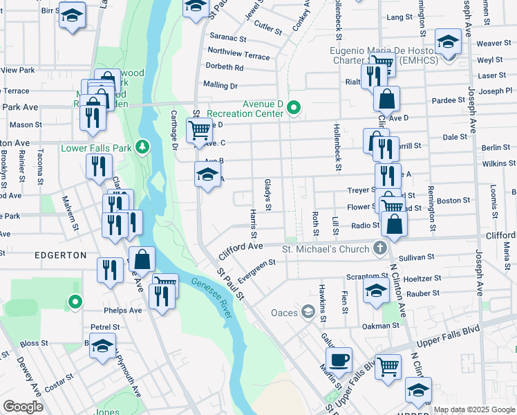 map of restaurants, bars, coffee shops, grocery stores, and more near 15 Harris Street in Rochester