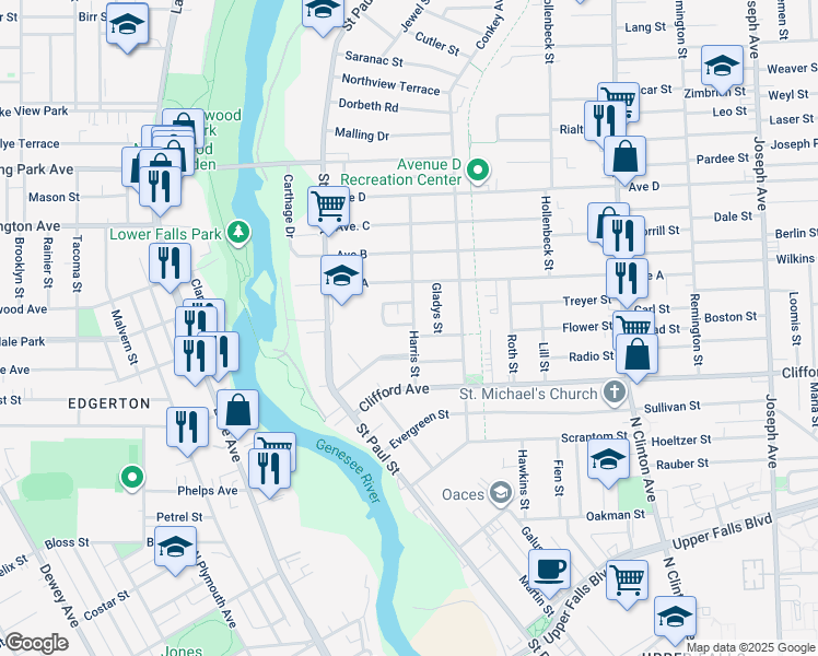 map of restaurants, bars, coffee shops, grocery stores, and more near 15 Harris Street in Rochester