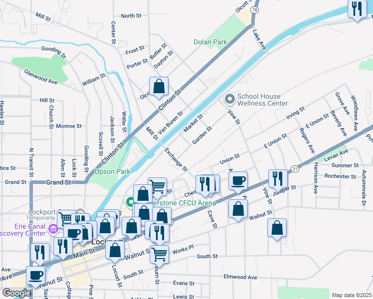 map of restaurants, bars, coffee shops, grocery stores, and more near 50 Exchange Street in Lockport