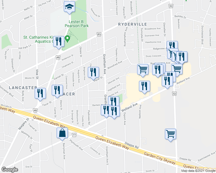 map of restaurants, bars, coffee shops, grocery stores, and more near 8 Highfield Avenue in St. Catharines