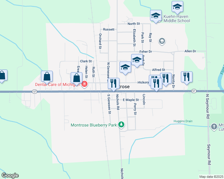 map of restaurants, bars, coffee shops, grocery stores, and more near 111 West State Street in Montrose