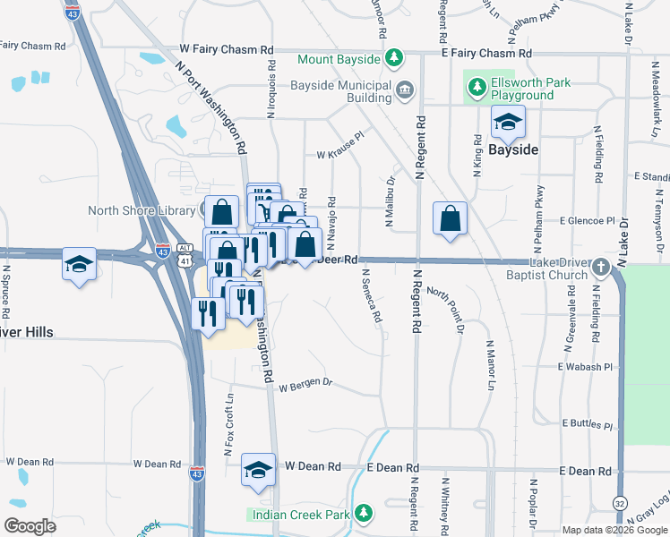 map of restaurants, bars, coffee shops, grocery stores, and more near 240 West Suburban Court in Fox Point