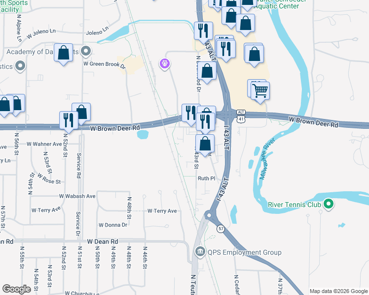 map of restaurants, bars, coffee shops, grocery stores, and more near 8717 North 43rd Street in Brown Deer