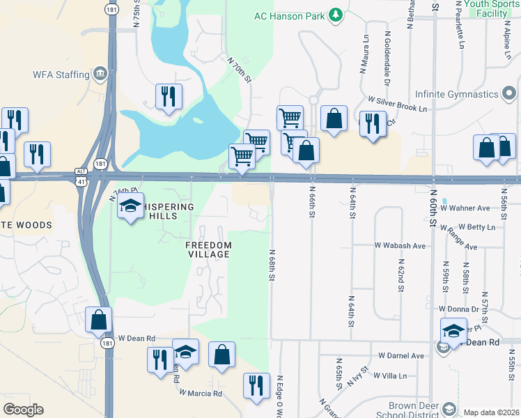 map of restaurants, bars, coffee shops, grocery stores, and more near 8680 North 68th Street in Brown Deer