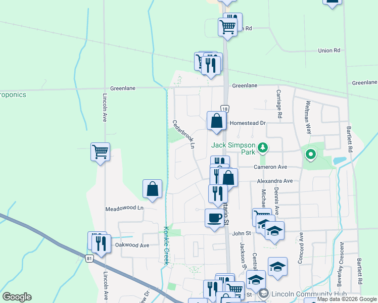 map of restaurants, bars, coffee shops, grocery stores, and more near 4490 Cedarbrook Lane in Lincoln
