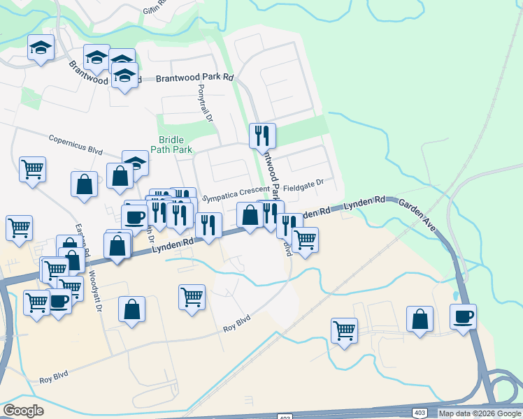 map of restaurants, bars, coffee shops, grocery stores, and more near 17 Sympatica Crescent in Brantford