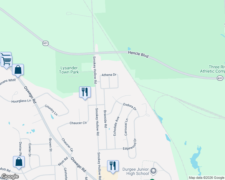 map of restaurants, bars, coffee shops, grocery stores, and more near 30 Endora Drive in Baldwinsville