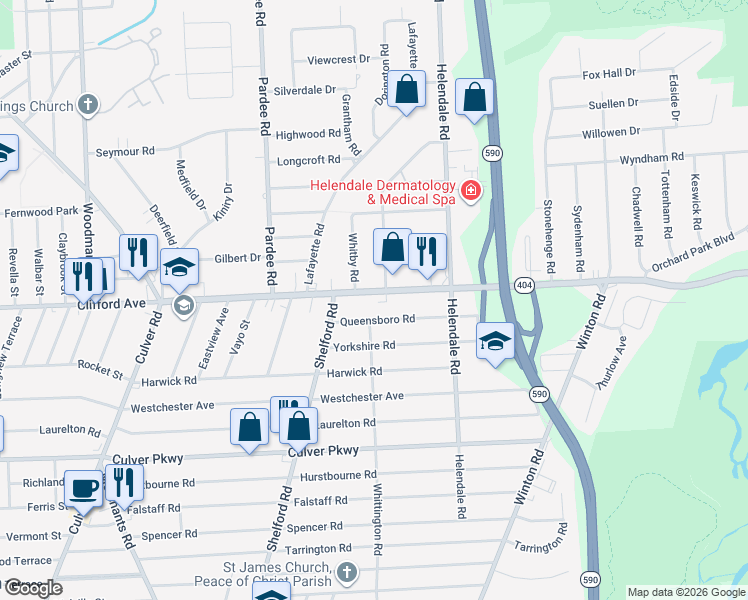 map of restaurants, bars, coffee shops, grocery stores, and more near 60 Queensboro Road in Rochester